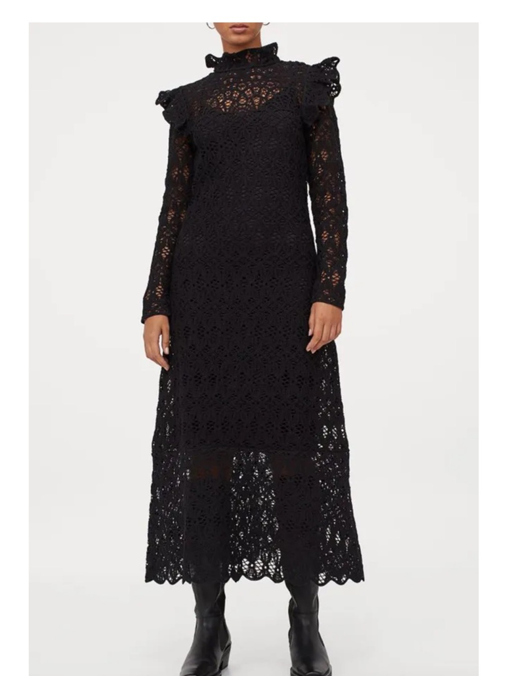H&M Black Lace Maxi Dress with Ruffled High Neck with under dress